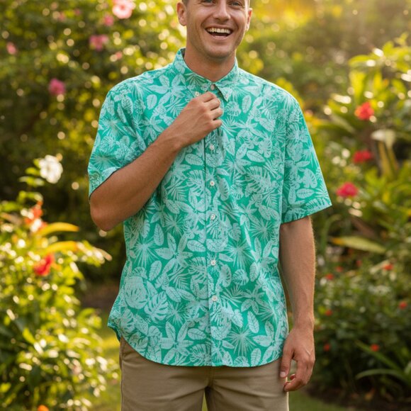 Banana Republic Green Hawaiian Button Down Short Sleeve Men Shirt - Picture 4 of 6